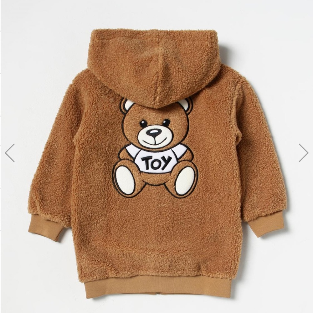 Moschino Kids Sherpa Teddy Bear Hooded Zip Jacket Sweater Brown Faux Sherling
